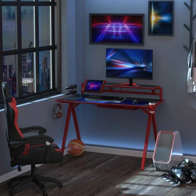HOMCOM 53" Gaming Desk, Red with Monitor Shelf & Gamepad Rack