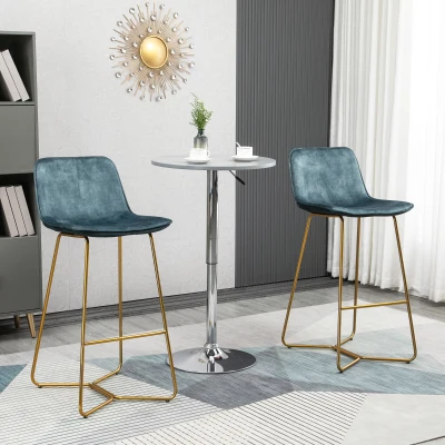 HOMCOM Bar Height Stools, 30.25" Velvet Fabric, Set of 2, Blue