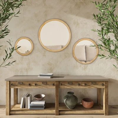 HOMCOM Set of 3 Round Wood Wall Mirrors, Natural Finish
