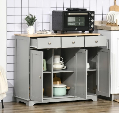 HOMCOM Modern Sideboard with Rubberwood Top, Buffet Cabinet with Storage Cabinets, Drawers and Adjustable Shelves for Living Room, Kitchen, Grey