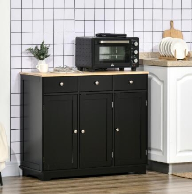 HOMCOM Modern Sideboard with Rubberwood Top, Buffet Cabinet with Storage Cabinets, Drawers and Adjustable Shelves for Living Room, Kitchen, Black