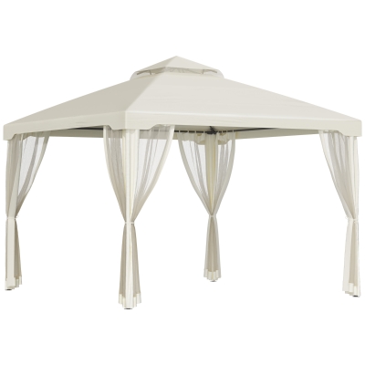 Outsunny 10' x 10' Patio Gazebo, Outdoor Canopy Shelter with 2-Tier Roof and Netting, Steel Frame, Cream White