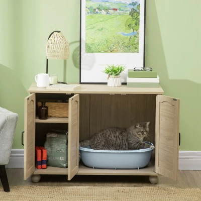 PawHut Cat Litter Box Enclosure, Oak Rattan Storage Table