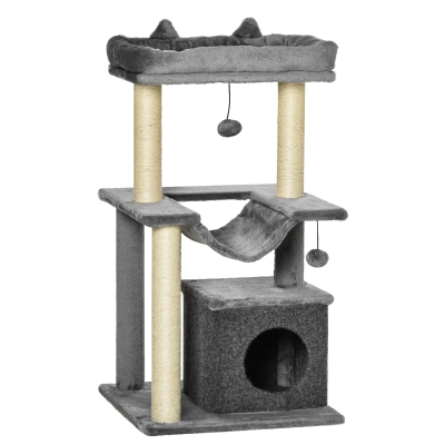 PawHut Cat Tree Tower Multi-Level Kitten House with Scratching Post Condo Hammock Bed Ball Toy - 19 x 19 x 39.25 Inches, Gray