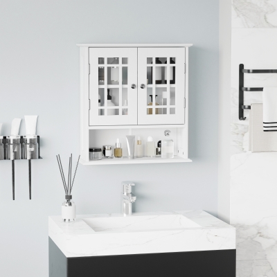 kleankin Modern Wall Mount Bathroom Cabinet, Storage Organizer with 2 Door Cabinet and Open Shelf, White