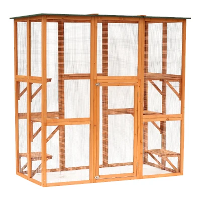 PawHut Outdoor Catio Cat Enclosure, Large Weatherproof Cat House with Asphalt Roof, 6 Jumping Platforms, Wooden Walk-in Kitty Cage for Multiple Kittens, 71" x 39" x 71", Orange