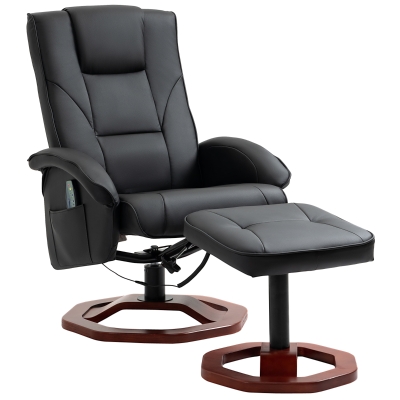 HOMCOM Massage Recliner Chair with Ottoman, Electric Faux Leather Recliner with 10 Vibration Points and 5 Massage Mode, Swivel Reclining Chair with Remote Control, Wood Base and Side Pocket, Black