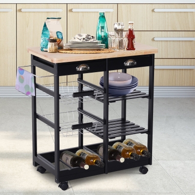 Rolling Kitchen Island Trolley Serving Cart Wheeled Storage Cabinet w/ Basket Shelves and Drawers Black