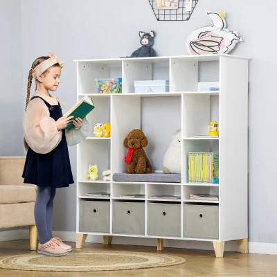 HOMCOM Kids Cube Storage Shelf with Bins & Cushion, White