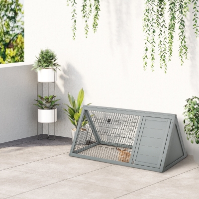 PawHut 46" x 25" Wooden A-Frame Outdoor Rabbit Cage Small Animal Hutch with Outside Run & Ventilating Wire, Grey