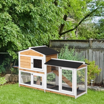 PawHut 2-tier Wood Rabbit Hutch Backyard Bunny Cage Small Animal House w/ Ramp and Outdoor Run