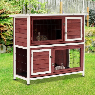 PawHut 48" 2 Story Wooden Rabbit Hutch Elevated Bunny Cage Small Animal Home Habitat w/ Ramp, 2 Slide Out Tray, Openable Roof, Multiple doors