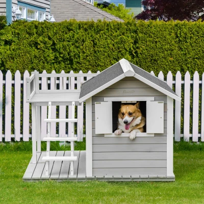 PawHut 2-Story Wooden Dog House w/ Stairs & Balcony, Medium/Large