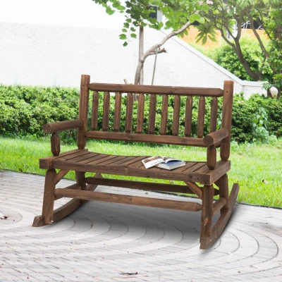 Outsunny 2-Person Wood Rocking Chair, Heavy Duty Loveseat, Walnut