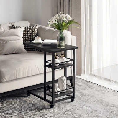 HOMCOM C Shaped End Table, Mobile Sofa Side Table, Black