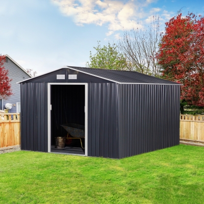 Outsunny 11' x 9' Metal Storage Shed Garden Tool House with Double Sliding Doors, 4 Air Vents for Backyard, Patio, Lawn Dark Grey