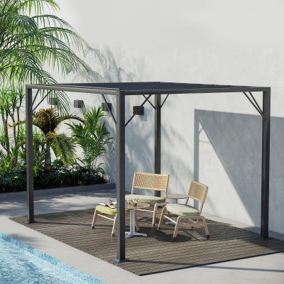 Outsunny Outdoor Louvered Pergola 9.7' x 8.2' Metal Patio Gazebo Sun Shade Shelter with Adjustable Breathable Mesh Roof, Grey