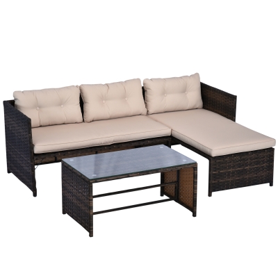Outsunny 3-Piece Wicker Patio Furniture Sets, Rattan Conversation Sets, Sectional sofa set with Cushioned Lounge Chaise for Garden Poolside or Porch Lounging, Brown