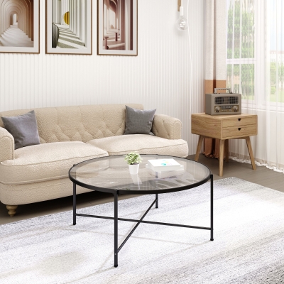 HOMCOM Modern Round Coffee Table with Tempered Glass Tabletop, Accent Side Table, Center Table for Living Room, Black