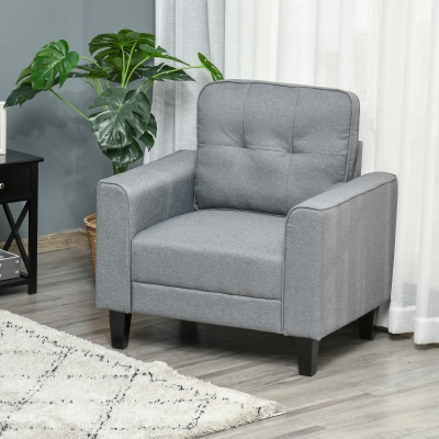 HOMCOM Button Tufted Armchair Modern Single Sofa Chair Upholstered Accent Chair with Rubber Wood Legs and Thick Padding Mid-Back for Living Room and Bedroom, Grey