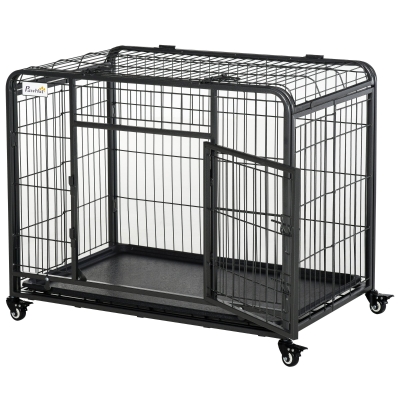 PawHut Heavy Duty Folding Design Metal Dog Crate & Kennel with Removable Tray & 4 Locking Wheels 49.25" x 30" x 32"