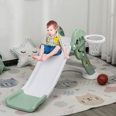 Qaba Toddler Slide Climber Toy with Basketball Hoop, Green