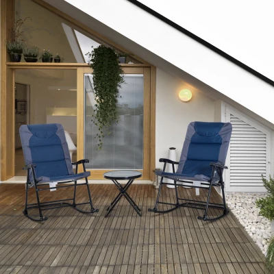 Outsunny 3-Piece Outdoor Folding Rocking Chair Set, Blue/Gray
