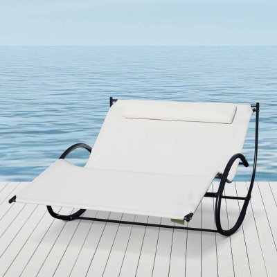 Outsunny Double Chaise Lounger Garden Rocker Sun Bed Outdoor Hammock Chair Texteline with Pillow Cream White