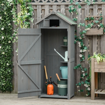 Outsunny 30" x 21" x 71" Garden Storage Shed, Sheds & Outdoor Storage Outdoor Workshop Yard Tool Utility Storage House Water-resistant All-weather Cover Spire Roof with 3 Tiers Shelves Grey