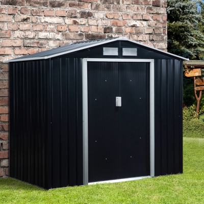 Outsunny 7' x 4' x 6' Garden Storage Shed Outdoor Patio Yard Metal Tool Storage House w/ Floor Foundation and Double Doors Dark Grey