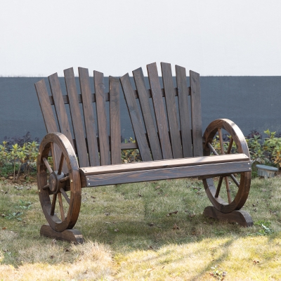 Outsunny Outdoor Garden Bench, 2- Seat Patio Wooden Bench with Wheel-Shaped Armrests for Yard, Carbonized color