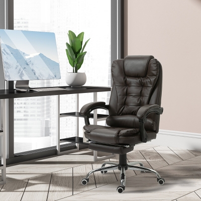 HOMCOM Ergonomic Executive Office Chair High Back PU Leather Reclining Chair with Retractable Footrest Lumbar Support Padded Headrest Armrest Dark Brown