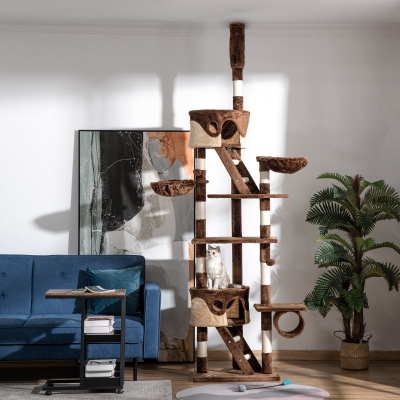 PawHut 94"-102" Huge Cat Tree Ceiling High Cat Condo Scratching Post Activity Center Multi-Level Play House