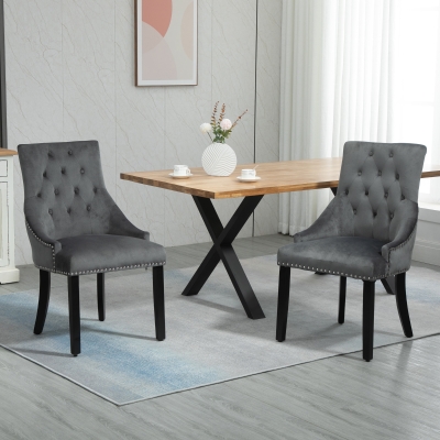 HOMCOM Dining Chairs Set of 2, Velvet Button Tufted Wingback Chairs with Nailhead Trim and Wood Legs for Living Room, Kitchen, Dining Room, Grey