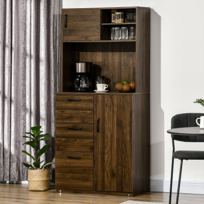 HOMCOM Kitchen Buffet and Hutch Storage Pantry Cupboard with Sliding Door,4 Adjustable Shelves,3 Drawers, Microwave Cabinet for Dining Room, Living Room, Entryway, Walnut