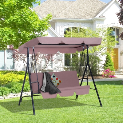 Outsunny Metal 3-Seater Outdoor Swing Chair Cushioned Porch Swing Garden Lounger Patio Hammock with Frame and Canopy Brown