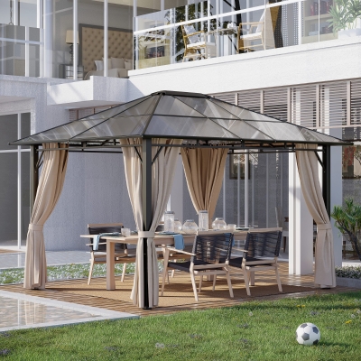 Outsunny 9.8'x12' Outdoor Hard Top Gazebo Polycarbonate Panel Garden Duluxe Pavilion Shelter Canopy BBQ Sunshade with Removable Curtains