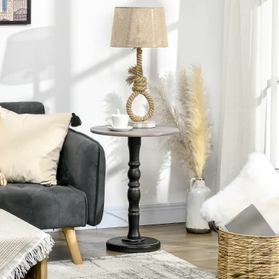HOMCOM Round End Table, Rustic Solid Wood Leg, Light Gray/Black