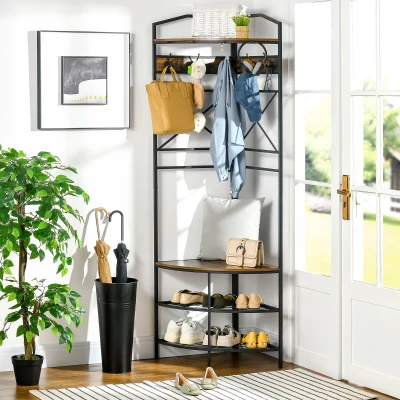 HOMCOM Industrial Corner Hall Tree, Shoe Bench & Coat Rack, Rustic Brown