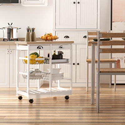 HOMCOM Rolling Kitchen Island Trolley Serving Cart Wheeled Storage Cabinet w/ Basket Shelves and Drawers White