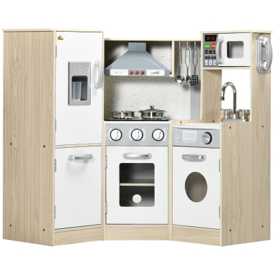 Qaba Wooden Play Kitchen with Lights Sounds, Corner Kids Kitchen Playset with Play Phone, Ice Maker, Microwave, Range Hood, Refrigerator, Utensils, Gift for Ages 3-6 Years Old, White