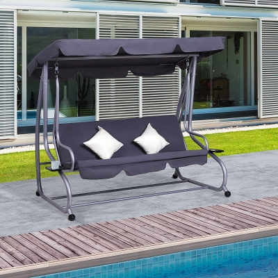 Outsunny Heavy-duty Metal 3 Seater Covered Outdoor Swing Chair Garden Hammock and Bed with Frame, Canopy and 2 Pillows (Grey)