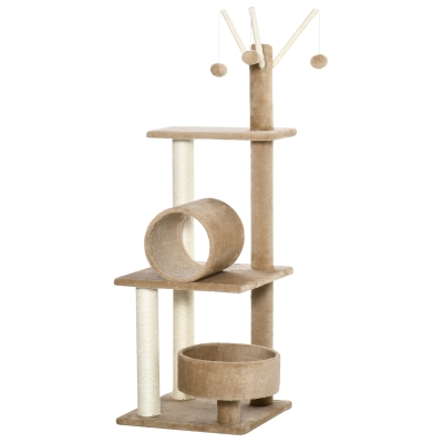 PawHut Cat Tree for Indoor Cats Kitty Tower with Scratching Post, Bed, Tunnel, Toys, 16" x 16" x 48", Light Brown