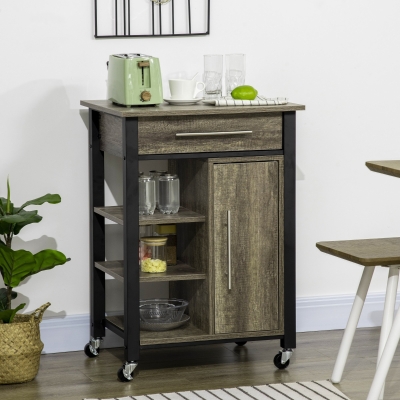 HOMCOM Kitchen Trolley Utility Cart on Wheels with Storage Shelves & Drawer for Dining Room, Dark Oak