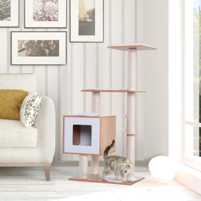 PawHut 47" Premium Wood Cat Tree Kitty Scratching Post Kitten House Condo Activity Center w/ Cushions Pet Furniture