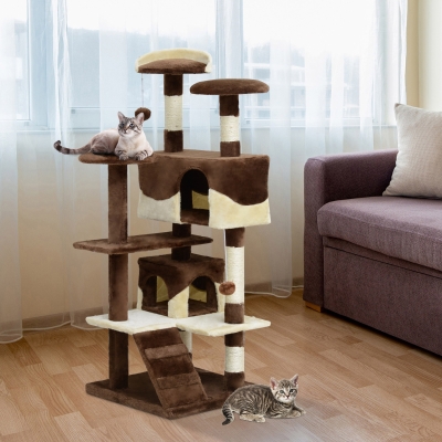 PawHut 52" Cat Scratching Tree Large Kitten Play House Multi-Level Activity Center Pet Furniture