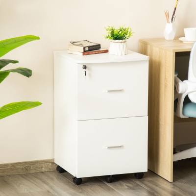 Vinsetto 2 Drawer Mobile File Cabinet with Lock, Wood Office Filing Cabinet with Locking Wheels for Home, Study, White