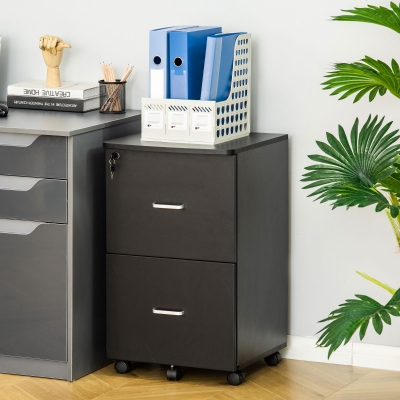 Vinsetto 2 Drawer Mobile File Cabinet with Lock, Wood Office Filing Cabinet with Locking Wheels for Home, Study, Black