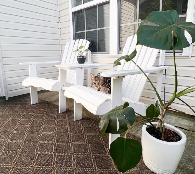 Outsunny 2 piece Pair Adirondack Chair Outdoor Patio Porch Tete-A-Tete Bench w/ Middle Table Reclined Wooden Umbrella Hole White