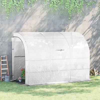 Outsunny 10' x 5' x 7' Outdoor Walk-In Wall Lean-to Greenhouse with Windows and Doors & 3 Tiered 6 Wire Shelves, White